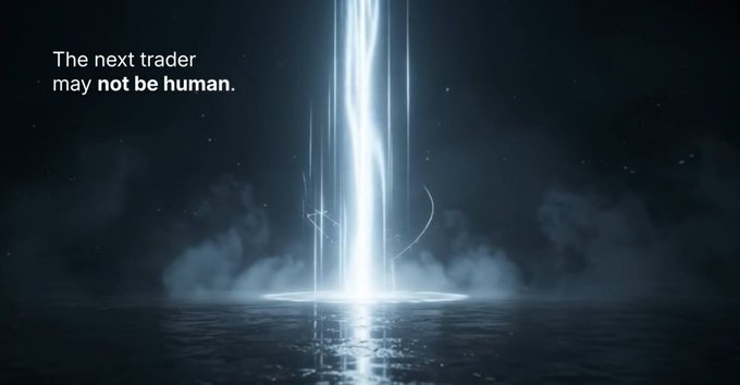 A dark, cinematic image showing a bright beam of light descending onto a watery surface with the text 'The next trader may not be human.' in the upper left corner.