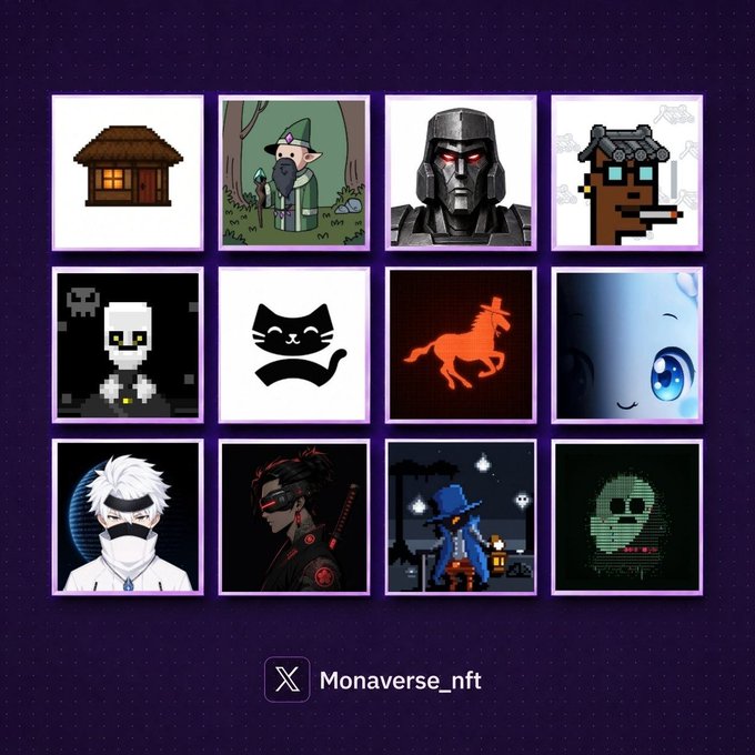 A 3x4 grid of digital NFT art featuring various pixel art and stylized characters, credited to 'Monaverse_nft' at the bottom.