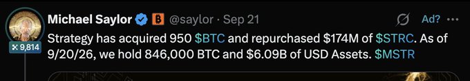 A tweet by Michael Saylor (@saylor) dated Sep 21 reads: 'Strategy has acquired 950 $BTC and repurchased $174M of $STRC. As of 9/20/26, we hold 846,000 BTC and $6.09B of USD Assets. $MSTR'.