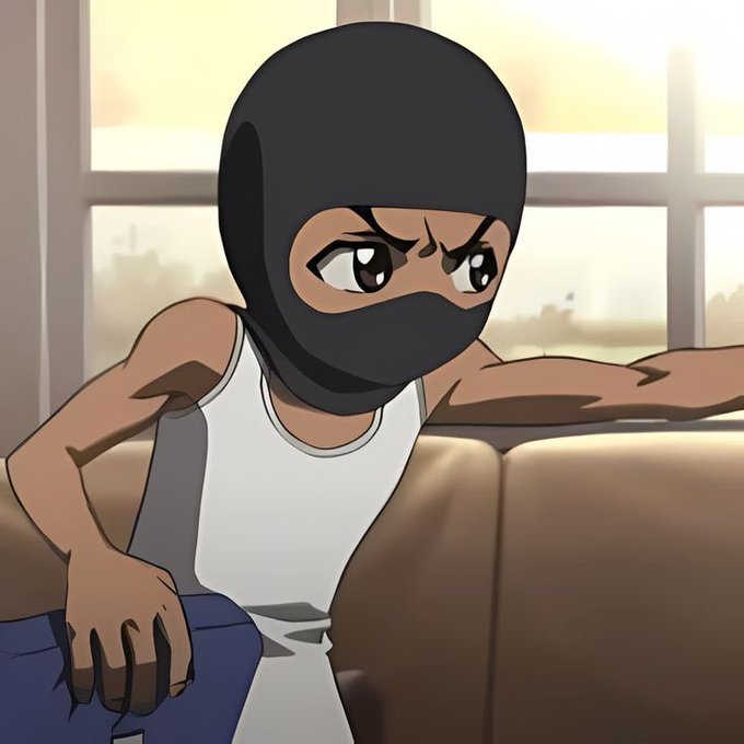 An animated illustration depicts a young character wearing a black ski mask and a white tank top, sitting on a brown couch with a city skyline visible through the window behind them.
