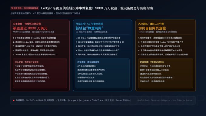 A Chinese-language security report from SlowMist dated 2026-10-10 11:45 about a Ledger supply chain attack, reporting 9000万美元 (90 million USD) stolen, detailing attack vectors and security recommendations.