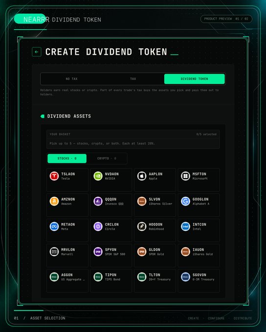 A dark-themed interface for "CREATE DIVIDEND TOKEN" on the Near Protocol showing a grid of dividend assets including stocks (TSLA, NVD, AAPL, MSFT, AMAZON), cryptocurrencies, ETFs, bonds, and treasuries.