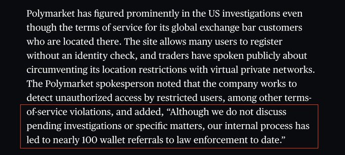 Article excerpt discussing Polymarket's role in US investigations, with a highlighted quote stating 'Although we do not discuss pending investigations or specific matters, our internal process has led to nearly 100 wallet referrals to law enforcement to date.'