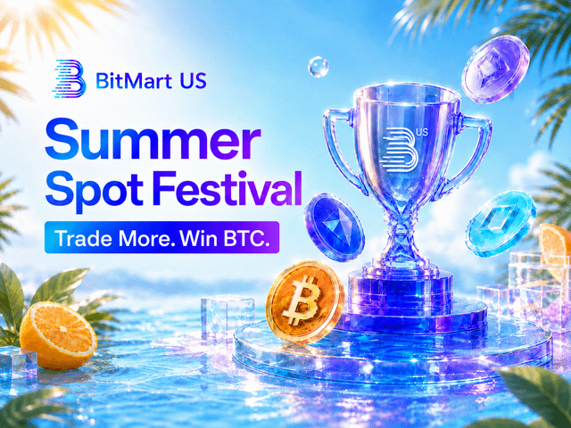 A vibrant promotional banner for "BitMart US Summer Spot Festival" featuring a crystal trophy surrounded by cryptocurrency coins, with palm leaves and an orange against a beach backdrop, alongside the tagline "Trade More. Win BTC." The tropical summer imagery and grand trophy visually reinforce the festival's rewarding trading competition theme.