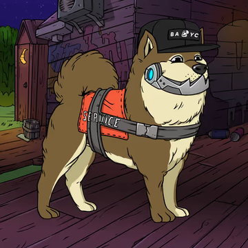 The image features a cartoon dog wearing a hat with the words "BAYC" written on it. The dog appears to be standing on a wooden floor, possibly at an event or gathering. There are also some text elements in the image that read "@amigoeNFT about BAYC lore and realized there'S no easy place to see all the good this club has done over the years".