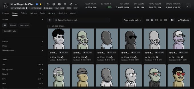 Screenshot of the Non Playable Cha... NFT collection page showing items with prices ranging from 0.029 ETH to 0.0839 ETH, floor price 0.039 ETH, and various character avatars displayed in a grid.