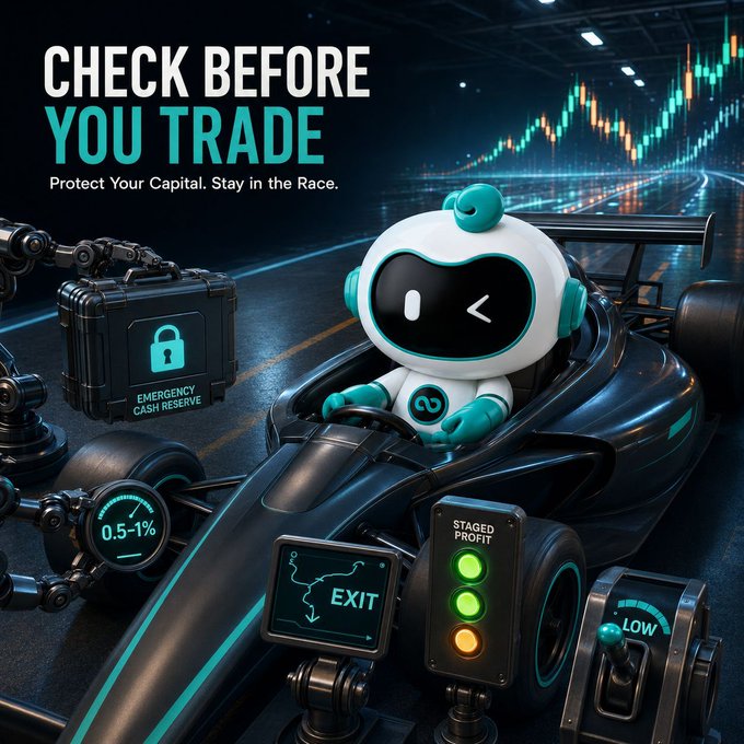 A promotional graphic showing a small teal and white robot character in a futuristic race car, with text reading 'CHECK BEFORE YOU TRADE - Protect Your Capital. Stay in the Race.' along with labels for 'EMERGENCY CASH RESERVE', 'STAGED PROFIT', 'EXIT', and 'LOW'.