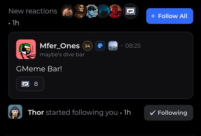 A notification feed on GM social platform shows "New reactions" from several users with a "+ Follow All" button, a post from "Mfer_Ones" reading "GMeme Bar!" with 8 comments, and "Thor started following you" with a "Following" button. The image illustrates the user's excitement about new engagement, aligning with their post thanking @Punk8868 for a follow back and expressing hope to connect more.