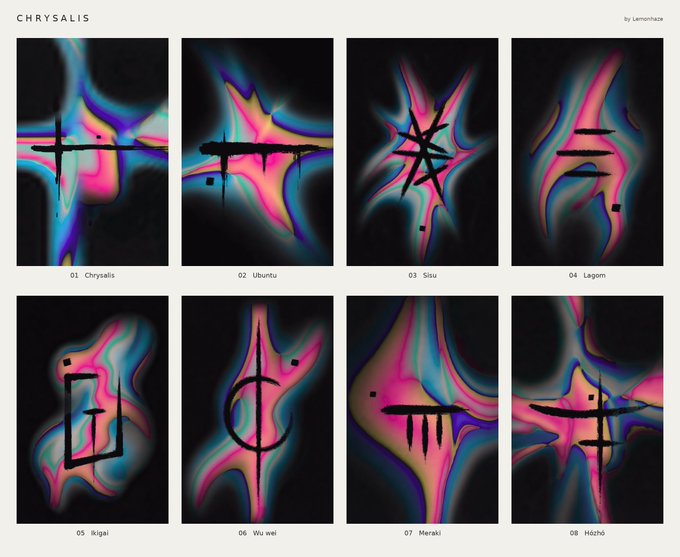 A design portfolio titled 'CHRYSALIS by Lemonhaze' shows eight abstract digital artworks with colorful fluid patterns and black symbols, labeled 01. Chrysalis through 08. Házhö.