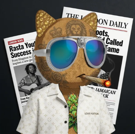 An anthropomorphic cat wearing aviator sunglasses, a Louis Vuitton shirt, and holding a joint stands in front of newspaper clippings with headlines including "Rasta Youth Called Success" and "LONDON DAILY." The image relates to the post by showcasing NFT artwork from the @gravemint and @_Foster_x collections, styled with luxury streetwear and Rastafarian themes to promote the mint.