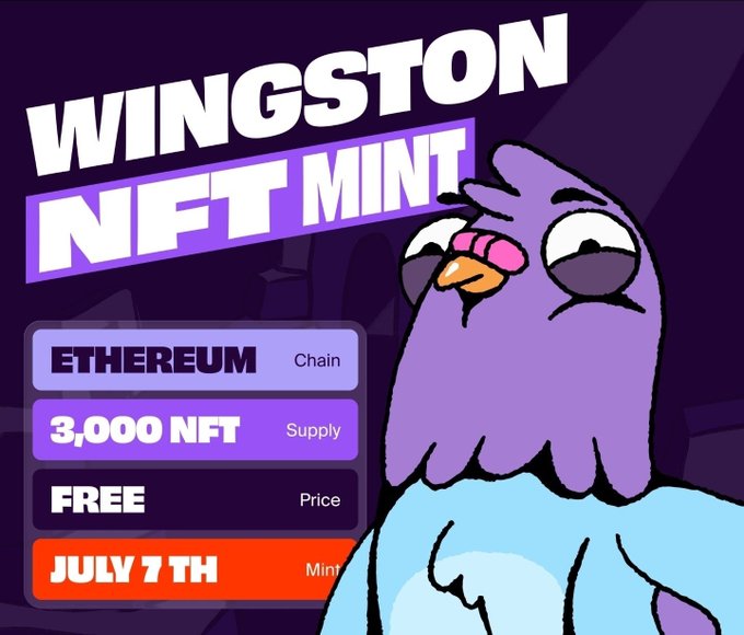 A promotional graphic for "WINGSTON NFT MINT" featuring a purple cartoon bird character, detailing the mint on the Ethereum chain with a supply of 3,000 NFTs, free to mint on July 7th, used to advertise a Rally NFT giveaway.