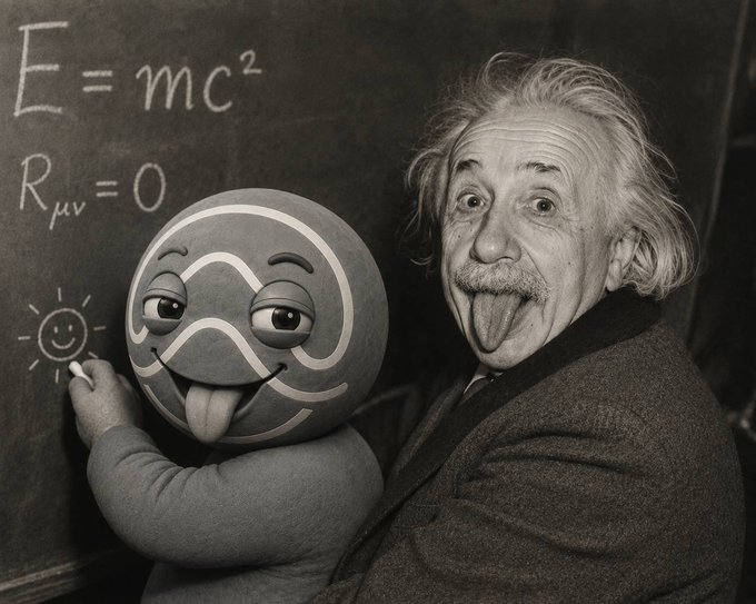 A humorous black and white image featuring a cartoonish character with a face mimicking Einstein's famous tongue-out expression alongside an Einstein-like figure, with the chalkboard displaying the equations E=mc² and R_μν = 0.