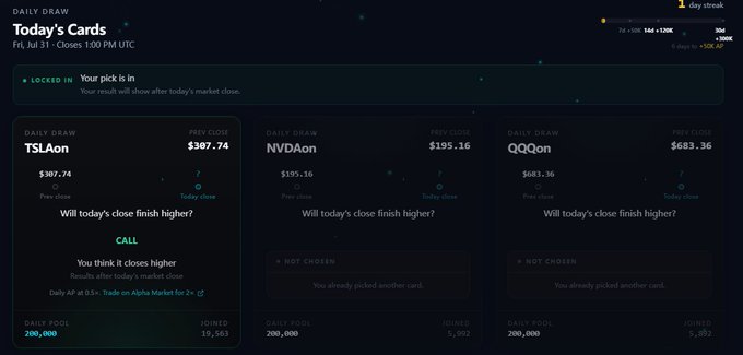 The image shows the "Today's Cards" feature on @TermMaxFi for July 31st, where users can predict if stock prices for TSLAon, NVDAon, and QQQon will finish higher or lower. The post expresses frustration with the platform's lack of TGE news despite daily events.