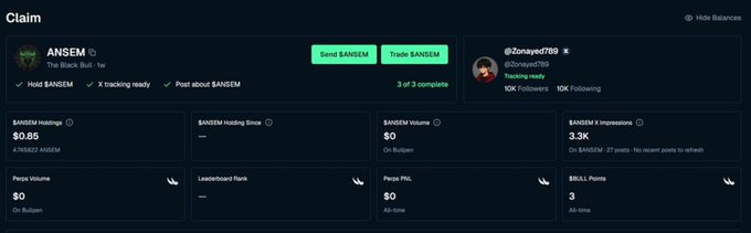 A 'Claim' page shows a trading dashboard for user ANSEM (@ZonayedBT89), displaying holding metrics like 4.76B SANSEM, $0.85 holdings, and 3.3K impressions with a '3 of 3 complete' status.