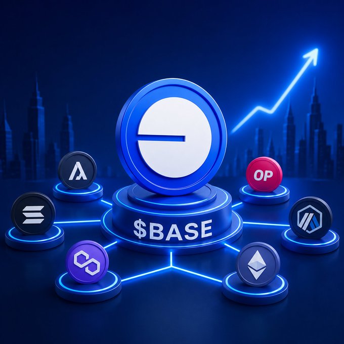 A futuristic 3D graphic featuring a central '$BASE' coin surrounded by various cryptocurrency logos with a rising arrow and city skyline in the background.