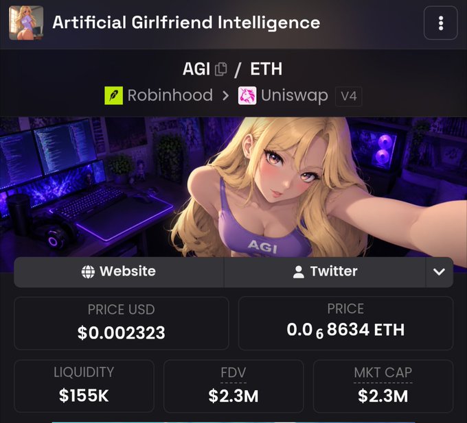 A cryptocurrency token page for "Artificial Girlfriend Intelligence" (AGI/ETH) showing a price of $0.002323, a market cap of $2.3M, and an anime-style blonde character wearing an "AGI" tank top.