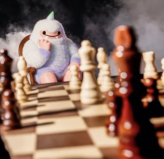 A plush toy character resembling a yeti or bigfoot in a purple ombré outfit sitting in a chair behind a chessboard full of pieces in dramatic lighting.