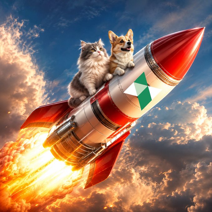 A whimsical digital illustration of a cat and corgi riding a retro rocket ship through clouds, featuring a green and white geometric logo on the side.