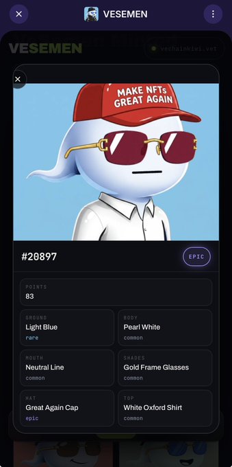 A digital collectible NFT profile on the VESEMEN platform shows a cartoon character wearing a red 'MAKE NFTs GREAT AGAIN' cap and gold-frame sunglasses, labeled #20897 with attributes including Light Blue, Pearl White, and Gold Frame Glasses.