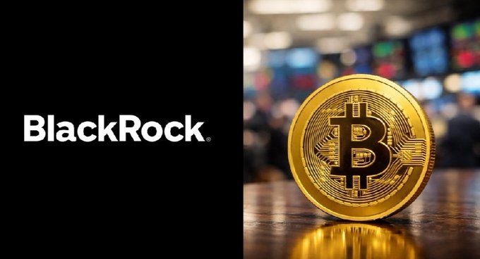 The image shows the BlackRock logo alongside a gold Bitcoin coin, visually representing the institutional investment activity described in the post—specifically BlackRock-linked ETFs deploying nearly $390M into BTC and ETH, signaling renewed institutional demand for crypto.