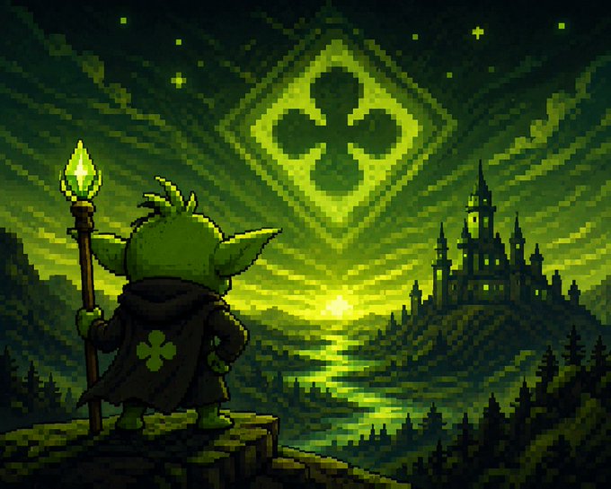 A pixel art illustration shows a green goblin-like character in a cloak holding a staff topped with a green gem, standing on a cliff overlooking a misty valley with a castle, while a glowing green trefoil symbol radiates in the sky—visually representing Gremlin Finance's branding as it prepares to become an on-chain hub for the Cartel.