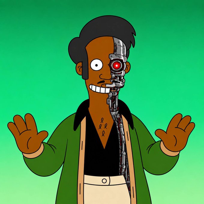 A cartoon character with half human/half cyborg face showing exposed mechanical parts with a red glowing eye, wearing a green jacket against a green gradient background.
