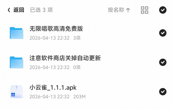 A file selection interface in Chinese showing three selected items: '无限唱歌高清免费版', '注意软件商店关掉自动更新', and '小云雀_1.1.1.apk', dated 2026-04-13.
