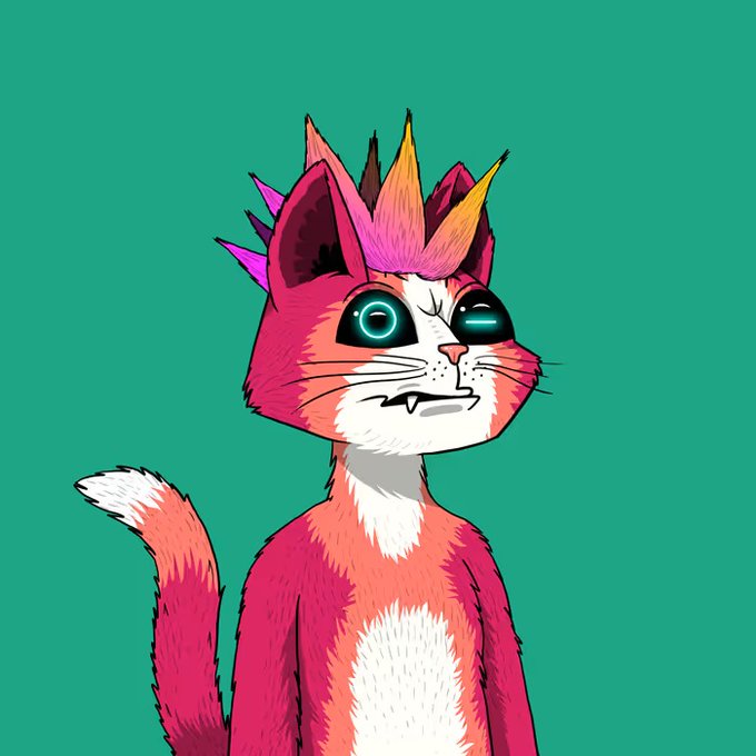 The image features a cartoon cat with pink fur, wearing a crown and a funny hat, standing against a green background. The caption below the image reads "Still can't believe I won a @MarsCatsVoyage NFT played @niftyisland Joined the daily Island Raiders Game Night Raid - no entry fee, pure fun, and the community crushed the prize distribution". This post seems to be related to a gaming event or competition involving cats.