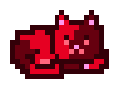 A pixel art illustration of a red creature, possibly a devil or demon, with small horns and a curled tail.