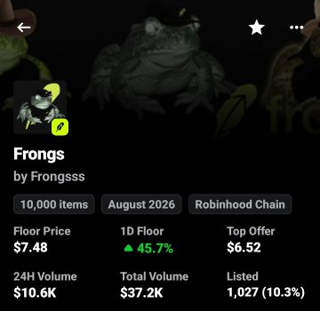 A dark-themed mobile app screenshot displaying an NFT collection called 'Frongs' by Frongsss, featuring a frog image with a lightning bolt icon. The collection shows 10,000 items on the Robinhood Chain with stats including a Floor Price of $7.48, 1D Floor up 45.7%, Top Offer of $6.52, 24H Volume of $10.6K, Total Volume of $37.2K, and 1,027 (10.3%) listed.