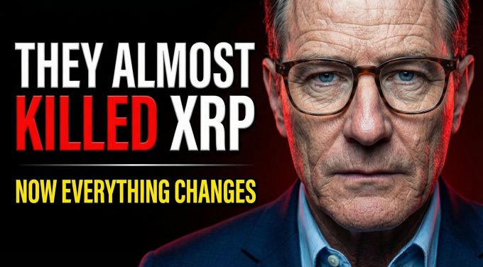 A thumbnail featuring a serious-looking man in glasses on the right, with bold text on the left reading "THEY ALMOST KILLED XRP" in white and red, and "NOW EVERYTHING CHANGES" in yellow, promoting a YouTube video about Ripple CEO Brad Garlinghouse revealing the company nearly shut down.
