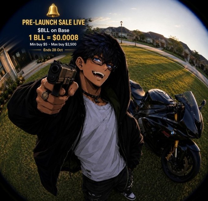 An anime-style character points a gun at the camera while standing next to a black BMW motorcycle in a suburban neighborhood, with overlaid text promoting a "PRE-LAUNCH SALE LIVE" for Bell Token ($BLL) at 1 BLL = $0.0008, ending 28 Oct, with a min buy of $5 and max of $2,500—visually matching the post's announcement of the $BLL token airdrop and community-driven ERC-20 launch.