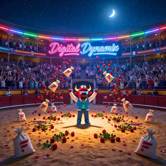 The image features a man dressed as a bull standing in front of a crowd, surrounded by red roses and bags filled with money. The man appears to be celebrating or making a statement related to digital dynamics. The crowd consists of people who are watching the scene unfold. The image also includes text that reads "Digital Dynamix" and "LIVE! $DYNMX + FLR Distributions now Claimable for all Digital Dynamix powered Collections!". This suggests that the man dressed as a bull is promoting or celebrating digital dynamics, possibly related to a rewards program or an event involving digital content.