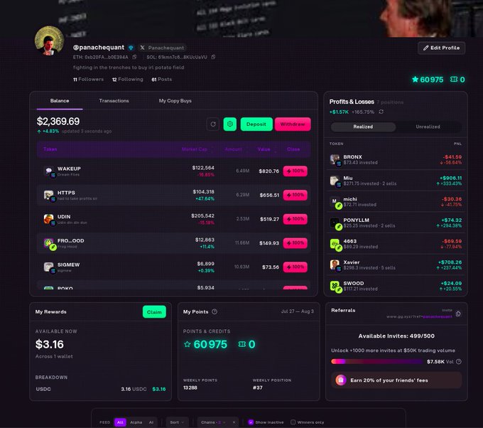 A user profile page for '@panachequant' on a crypto trading platform shows a portfolio balance of $2,369.69, copy trading positions like WAKEUP and HTTPs, and a 'Profits & Losses' section.