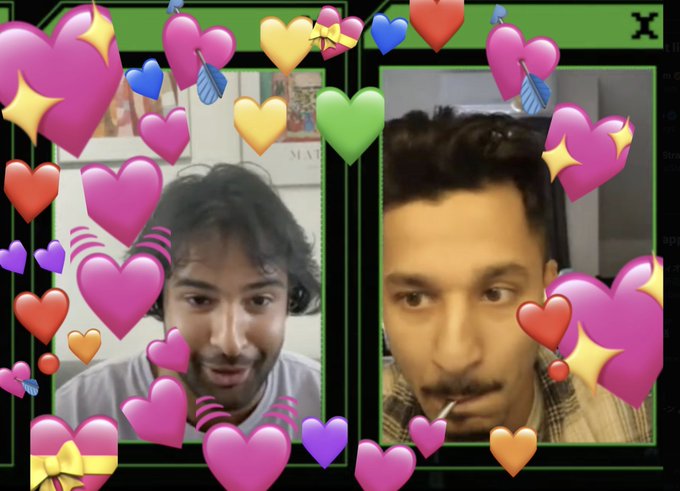 A split-screen video call shows two men surrounded by floating heart emojis, with a Hyperliquid "X" logo in the top right corner. The image visually represents the post's gratitude toward @jongbinwon and @0xaioli, the two people who influenced the author's journey with Hyperliquid.