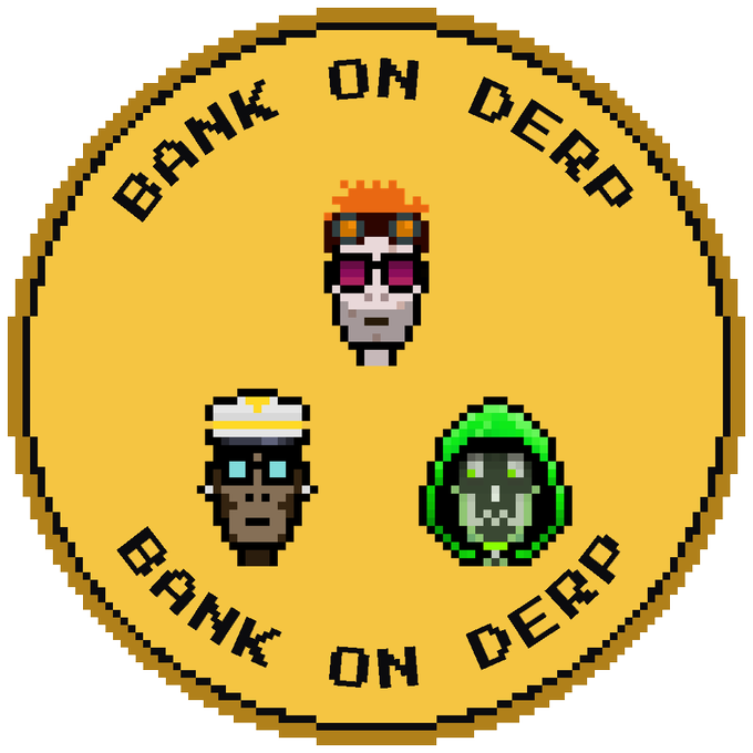 A pixel-art circular emblem with a yellow background displays "BANK ON DERD" in pixelated text around its border, featuring three stylized character heads: a fiery red-headed figure at the top, a dark-skinned captain with a sailor hat on the bottom left, and a green skull-faced character on the bottom right. The image serves as branding/logo art for "Derd" and "Bank On Derd" projects mentioned in the post, visually tying together the team behind stonkpit.xyz and minepitderp that the tweet praises for their consistent development despite the low market cap.