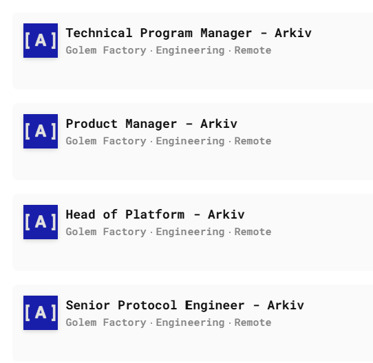 A job listings page showing four open positions at Arkiv under Golem Factory in Engineering, Remote: Technical Program Manager, Product Manager, Head of Platform, and Senior Protocol Engineer.