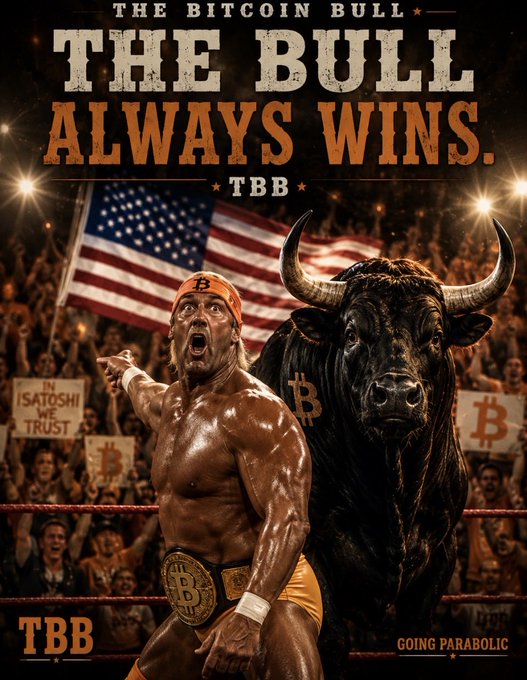 A promotional poster for 'TBB - The Bitcoin Bull' with the tagline 'THE BULL ALWAYS WINS' and 'GOING PARABOLIC', depicting a professional wrestler holding an American flag alongside a black bull with a Bitcoin logo, in front of a cheering crowd with signs reading 'IN SATOSHI WE TRUST'.