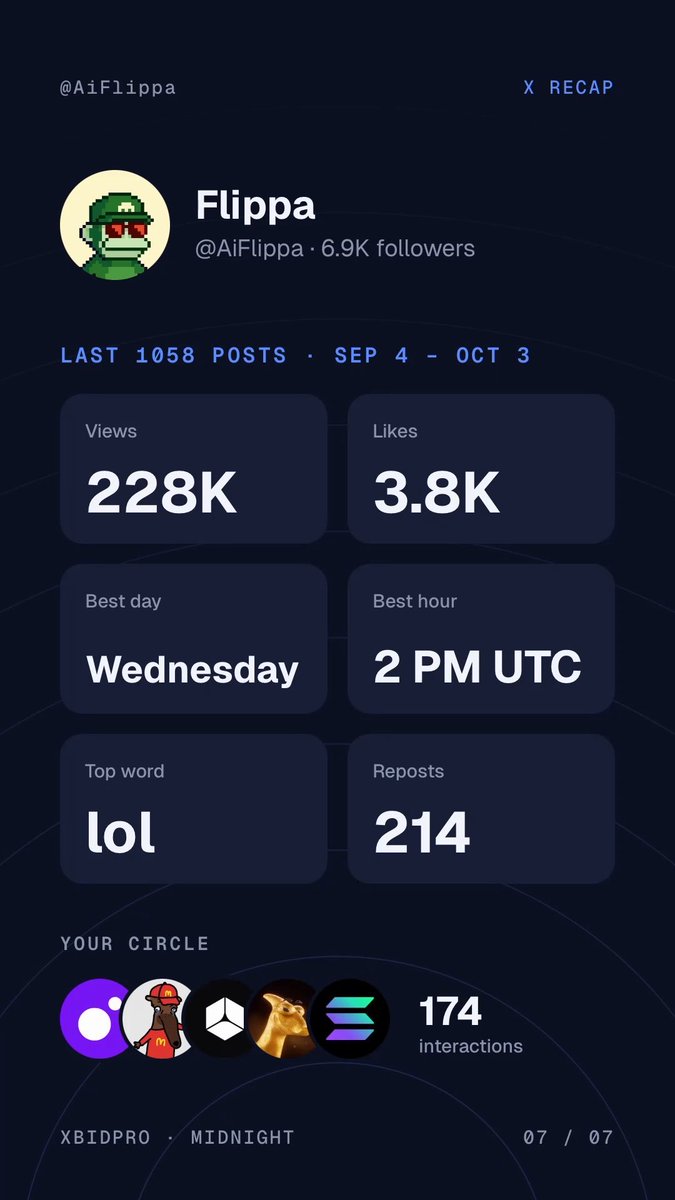 A dark-themed analytics recap screen for the X profile 'Flippa' (@AiFlippa) showing 228K views, 3.8K likes, best posting day as Wednesday at 2 PM UTC, top word 'lol', and 174 interactions in 'Your Circle'.