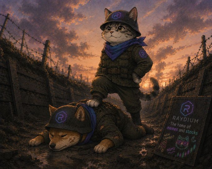 An illustration shows a cat in a military helmet and uniform standing with one paw on a resting dog wearing similar attire, set in a muddy trench at sunset. A sign reads 'RAYDIUM The home of memes and stocks' with a 'WEN LAMBO?' note.