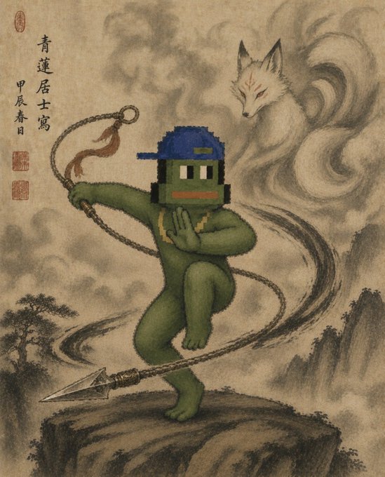 A traditional Chinese-style ink painting depicting a green frog-like character in a blue cap wielding a chain weapon, with a white nine-tailed fox in the background and Chinese calligraphy reading "青莲居士写" (Written by Qinglian Jushi).