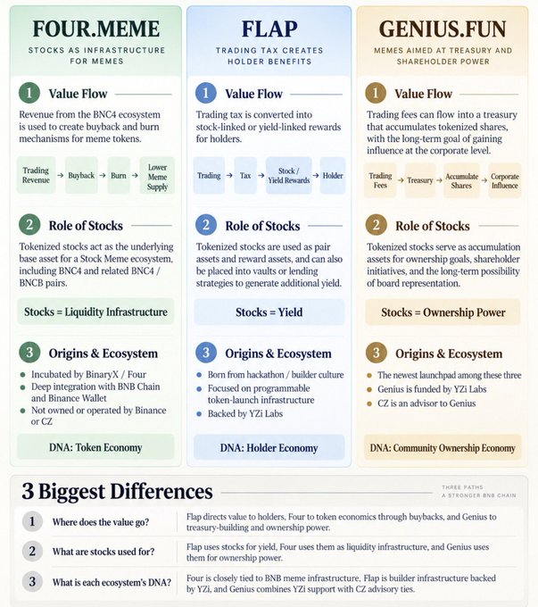 An infographic comparing three BNB Chain token models: FOUR.MEME (Stocks as Infrastructure for Memes), FLAP (Trading Tax Creates Holder Benefits), and GENIUS.FUN (Memes Aimed at Treasury and Shareholder Power).