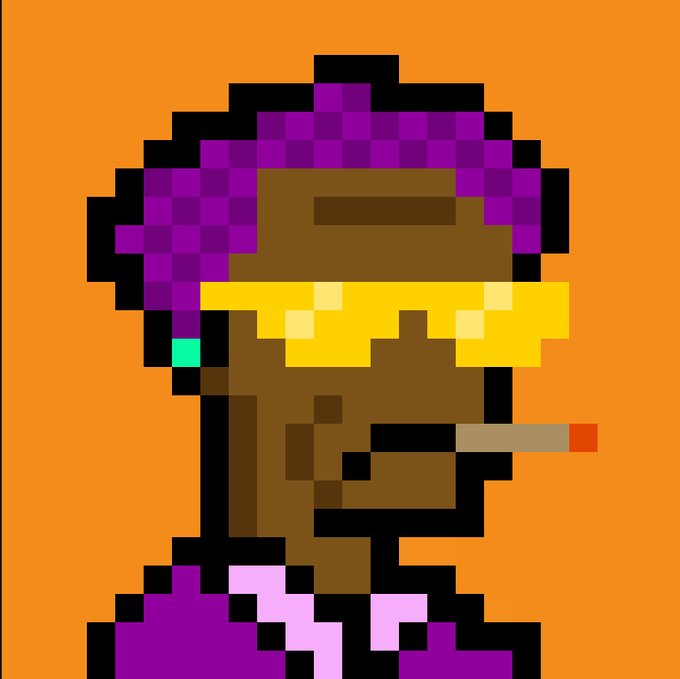 A pixel art illustration of a person with purple hair, wearing a yellow headband and smoking a cigarette, set against an orange background.