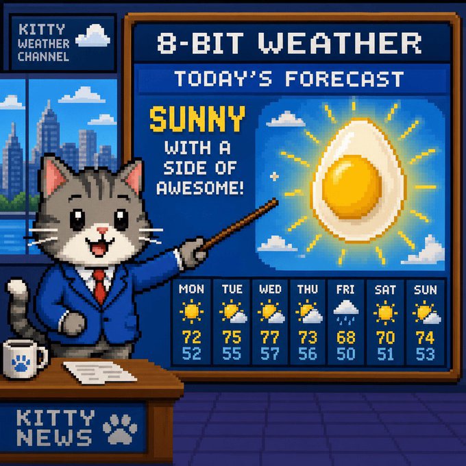 An 8-bit pixel art weather forecast graphic titled 'Kitty Weather Channel' featuring a cartoon cat in a suit pointing at a sunny forecast with a fried egg sun, showing a 7-day forecast with temperatures in the 60s and 70s.