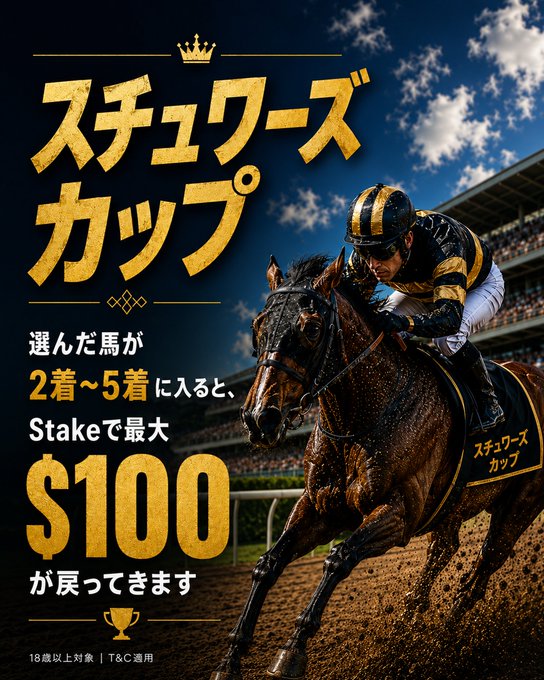 A promotional banner for a "Stewards' Cup" betting promotion, featuring a jockey racing a horse with Japanese text "スチュワーズカップ" (Stewards' Cup) prominently displayed, alongside the offer that bettors who select a horse finishing 2nd to 5th receive up to $100 back in Stake, with fine print noting "18歳以上対象" (18+ age requirement) and T&C application. The dynamic racing imagery visually reinforces the high-stakes horse racing competition referenced in the post about the 28-horse, 6-furlong showdown.