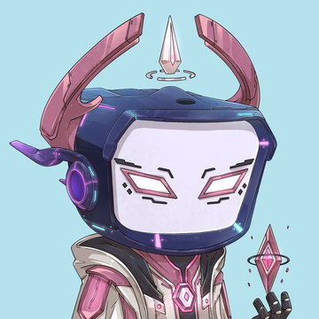 A stylized robotic character with a TV-like screen face, pink horned helmet, and floating geometric shards is illustrated, fitting the post's teaser of a "box reveal" NFT project by @OriginalBlokpz featuring 6 eras, 3 factions, and 18 combinations.