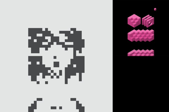 A pixelated image displays a digital interface with abstract black-and-white patterns resembling QR codes on the left, while the right side shows pink isometric 3D block icons and small dots, visually representing the "Expanding Node 2clean" status with its Opepen assets and 0-hour uptime as described in the post.