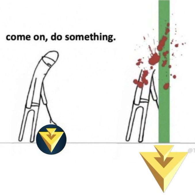 A meme illustration showing two stick figures, one holding a token labeled with a triangular logo saying "come on, do something," while the other is splattered with blood against a green wall, with a golden triangular token below.
