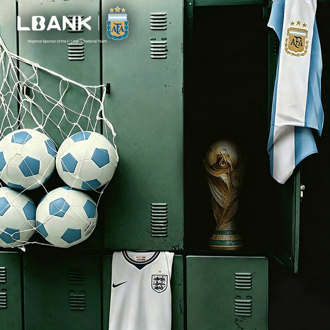 A green locker room display featuring Argentina's AFA crest, an Argentina jersey hanging from a locker, a net full of soccer balls, a Banker's trophy, and an LBANK logo identifying them as a Regional Sponsor of the Argentina National Team, capturing the anticipation ahead of the Argentina vs. England World Cup match promoted on LBank Predict.