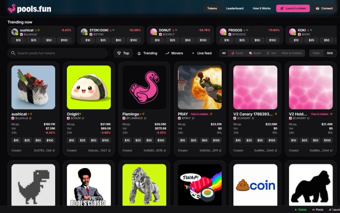 A screenshot of the pools.fun website showing trending memecoin tokens, with cards for "sushicat," "Onigiri," "Flamingo," "PRAY," and others displaying market caps and prices.